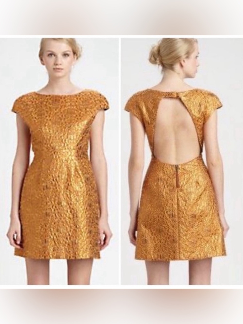 ALICE + OLIVIA Beth
Metallic Gold Open Back A-Line Cocktail dress